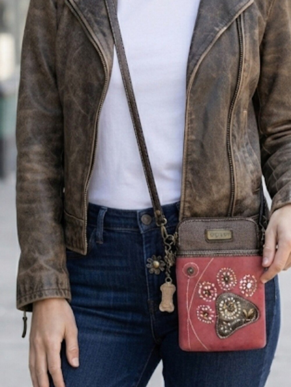 Chala Paw Print Cell Phone Crossbody Bag With Charms Brown, Maroon/Burgundy EUC